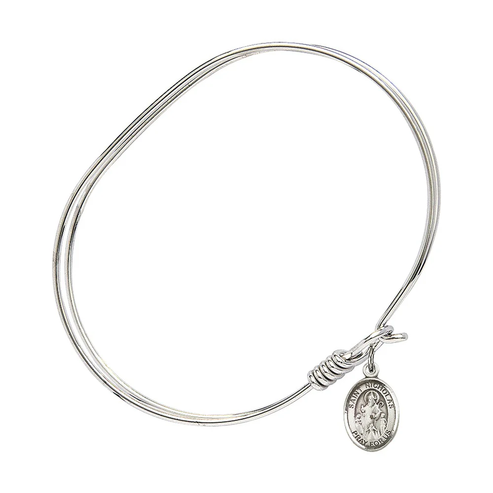 Adult 7" Oval Rhodium Plated Bangle Bracelet with St. Nicholas Medal Charm - Image 2