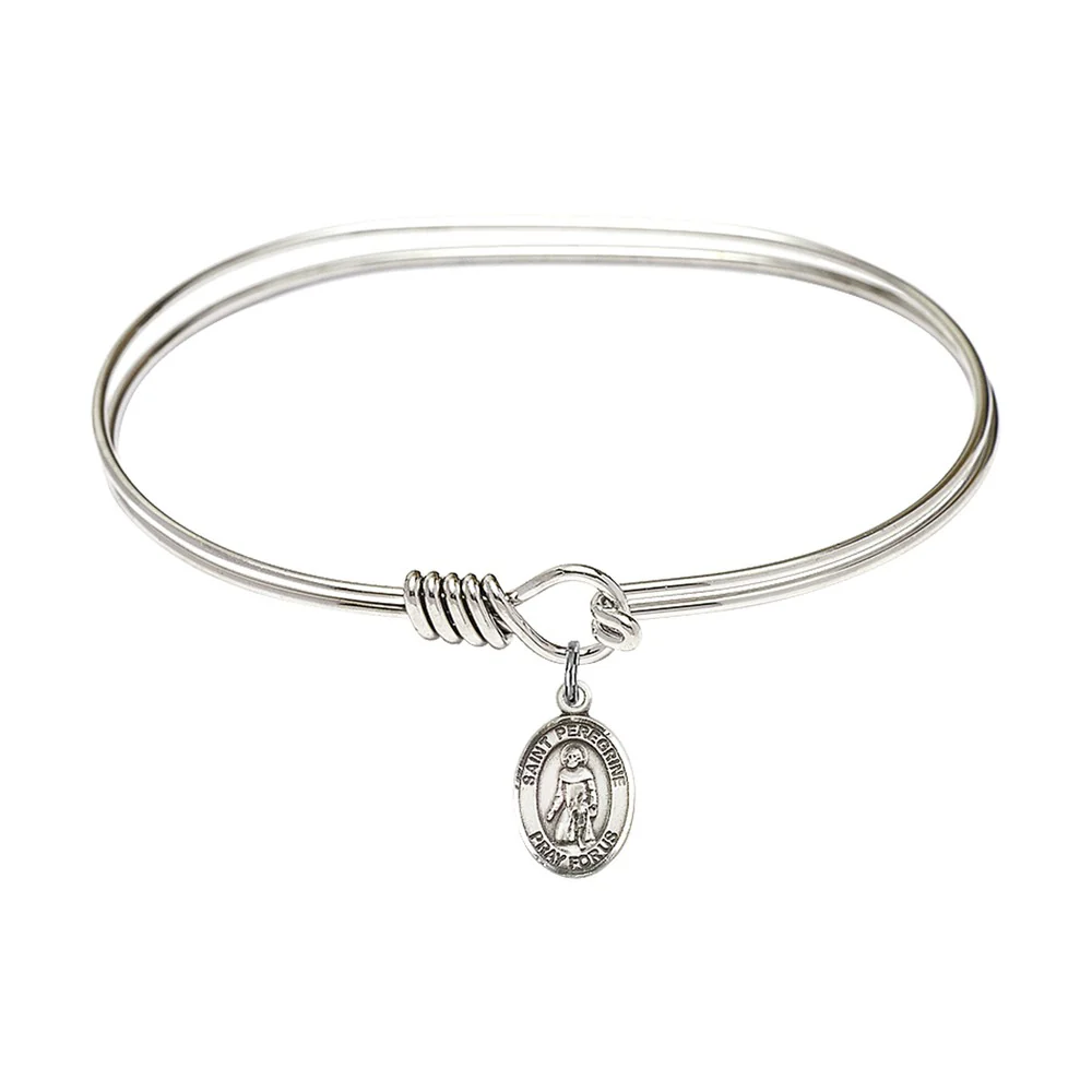 Adult 7" Oval Rhodium Plated Bangle Bracelet with St. Peregrine Laziosi Medal Charm
