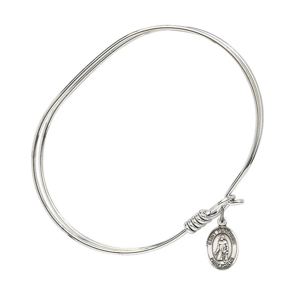 Adult 7" Oval Rhodium Plated Bangle Bracelet with St. Peregrine Laziosi Medal Charm - Image 2