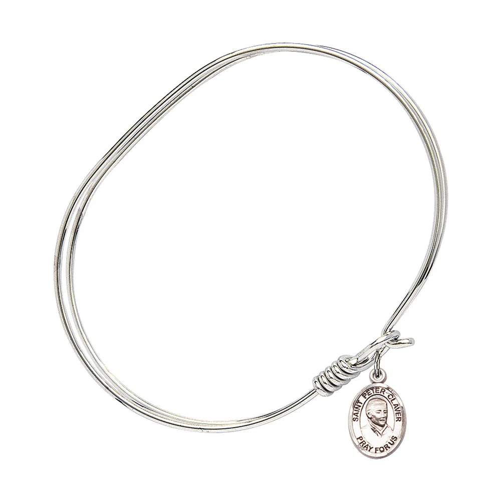 Adult 7" Oval Rhodium Plated Bangle Bracelet with St. Peter Claver Medal Charm - Image 2