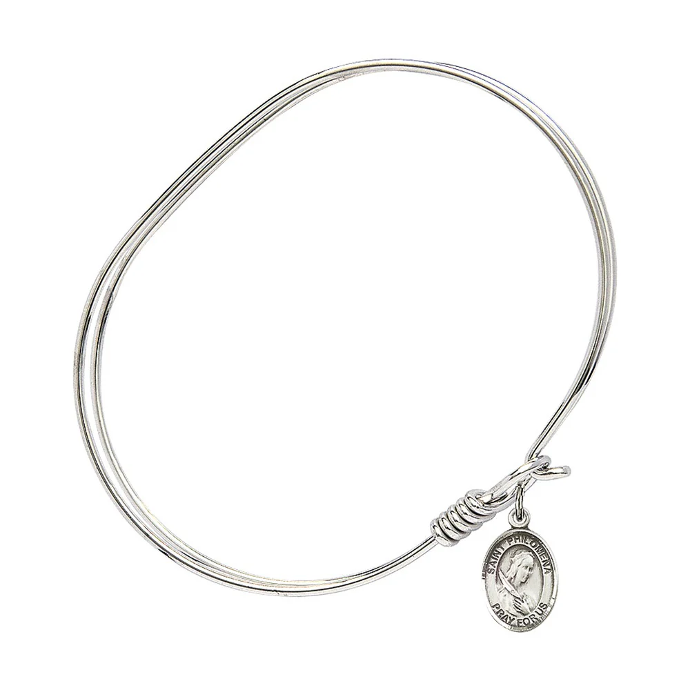 Adult 7" Oval Rhodium Plated Bangle Bracelet with St. Philomena Medal Charm - Image 2
