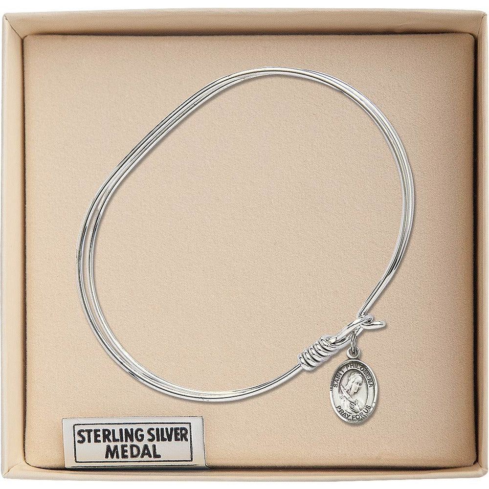 Adult 7" Oval Rhodium Plated Bangle Bracelet with St. Philomena Medal Charm - Image 3