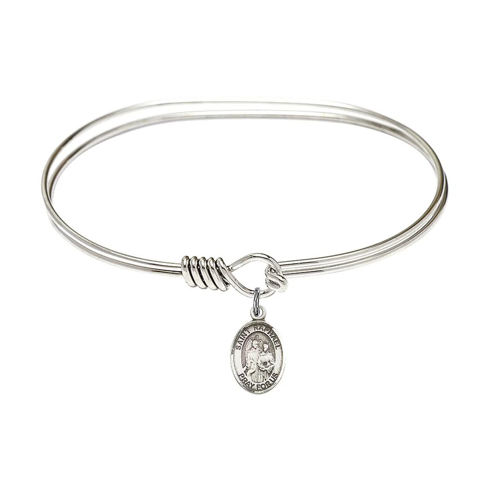 Adult 7" Oval Rhodium Plated Bangle Bracelet with St. Raphael the Archangel Medal Charm