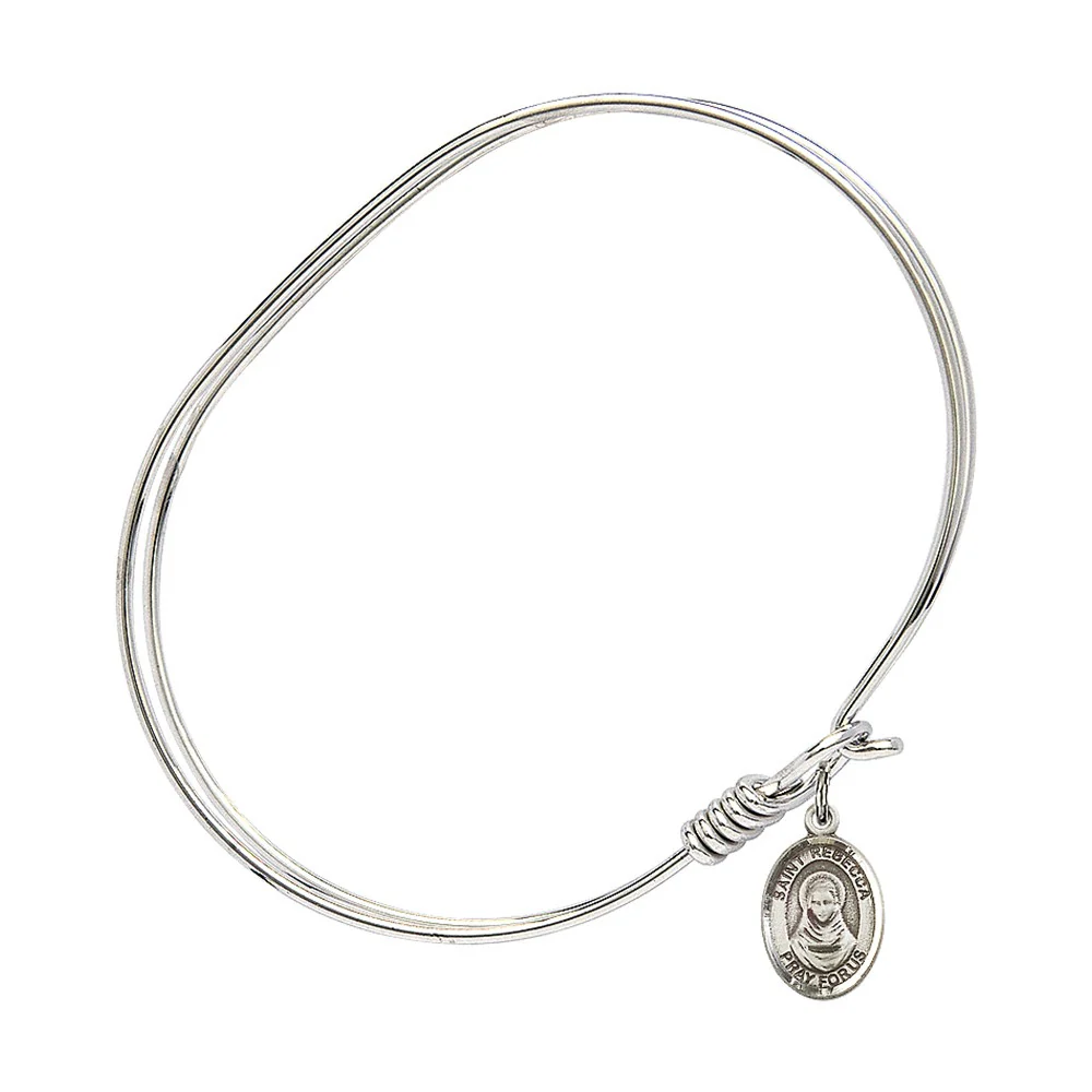Adult 7" Oval Rhodium Plated Bangle Bracelet with St. Rebecca Medal Charm - Image 2
