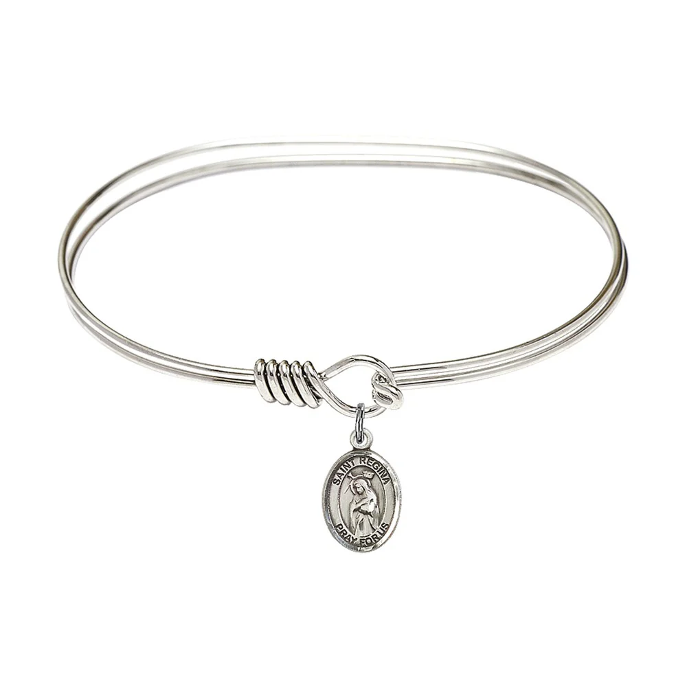 Adult 7" Oval Rhodium Plated Bangle Bracelet with St. Regina Medal Charm