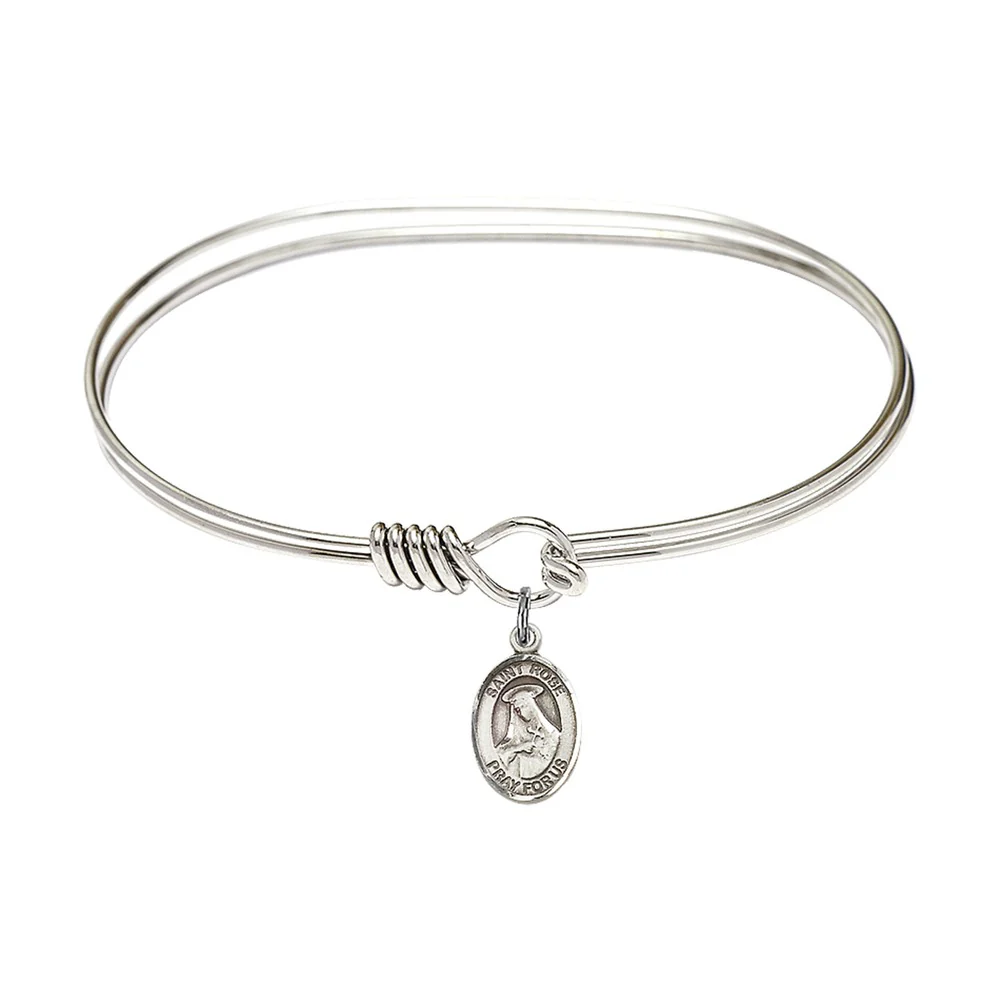 Adult 7" Oval Rhodium Plated Bangle Bracelet with St. Rose of Lima Medal Charm