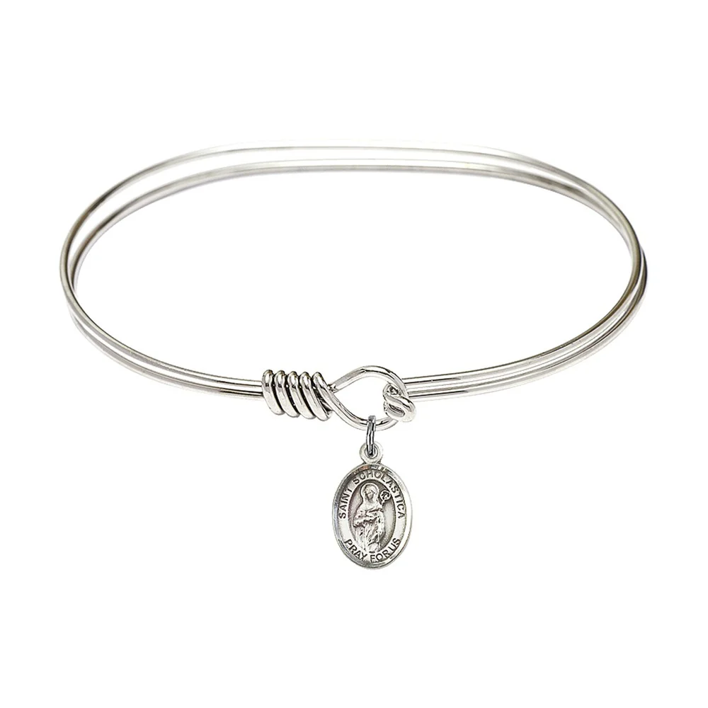 Adult 7" Oval Rhodium Plated Bangle Bracelet with St. Scholastica Medal Charm