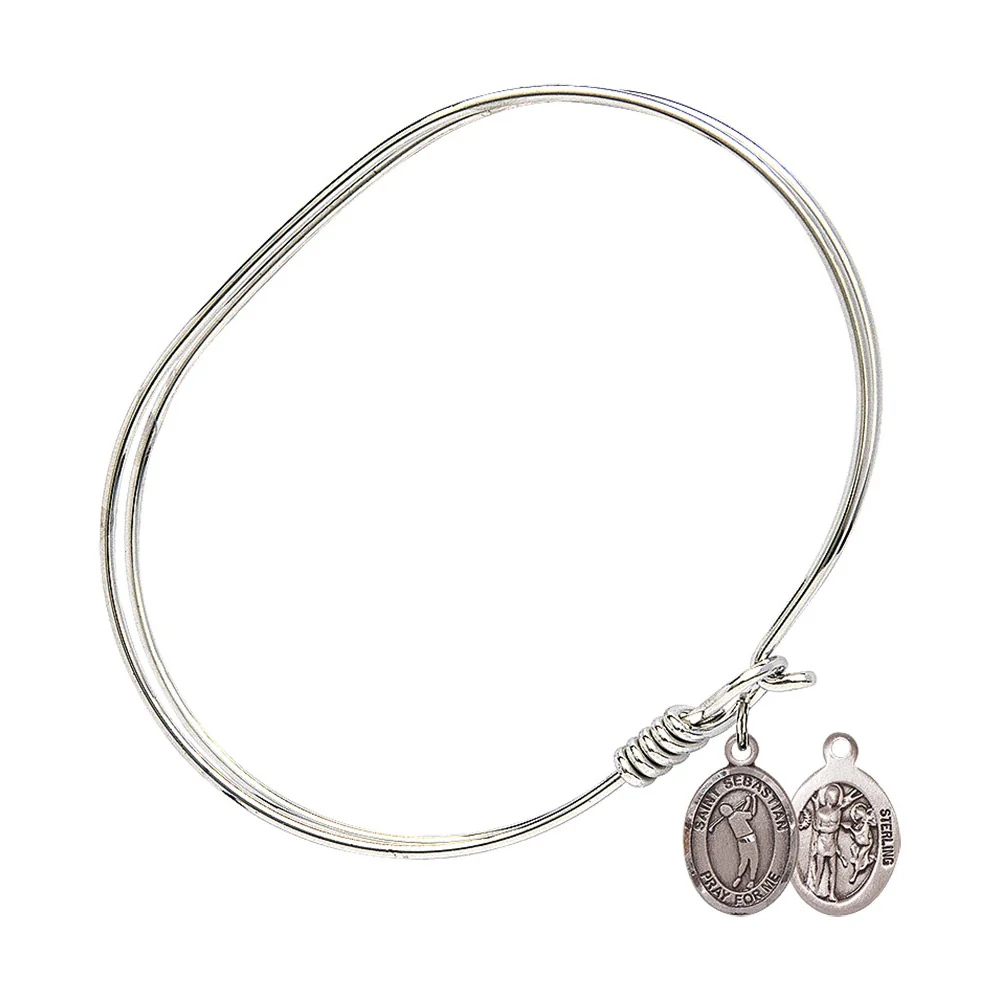 Adult 7" Oval Rhodium Plated Bangle Bracelet with St. Sebastian/Golf Medal Charm - Image 2