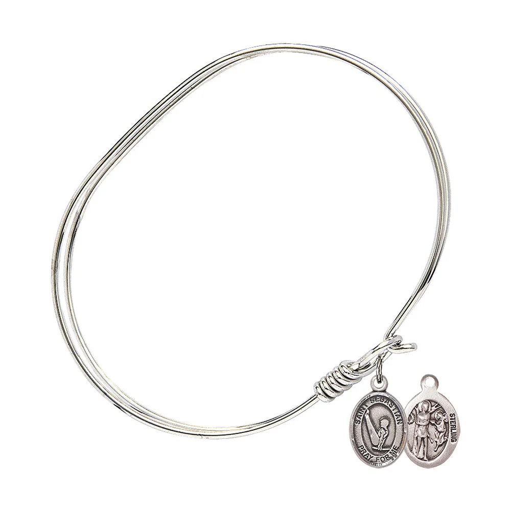 Adult 7" Oval Rhodium Plated Bangle Bracelet with St. Sebastian/Gymnastics Medal Charm - Image 2