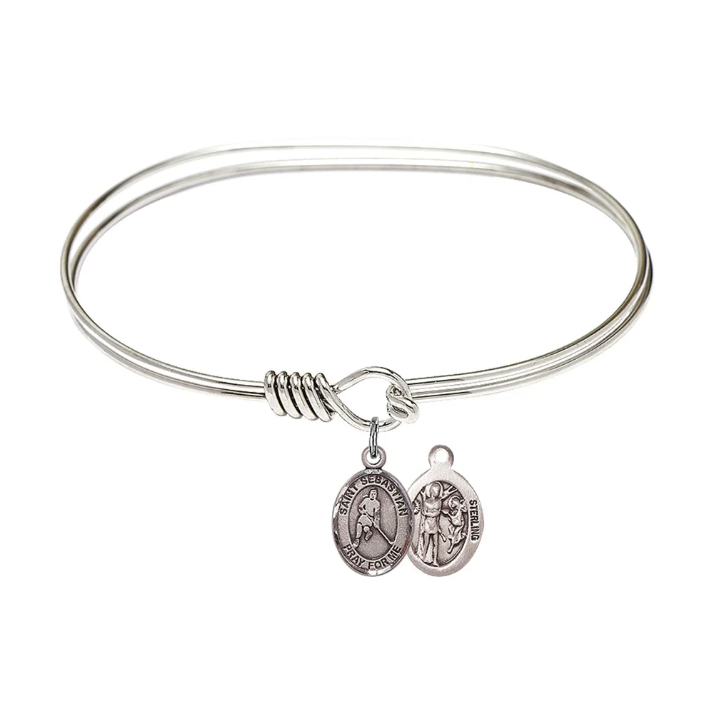 Adult 7" Oval Rhodium Plated Bangle Bracelet with St. Sebastian/Ice Hockey Medal Charm