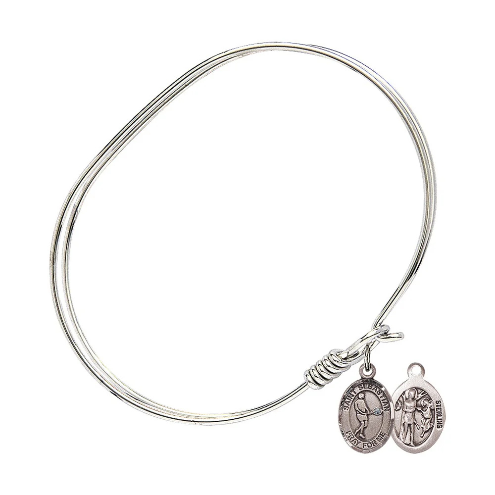 Adult 7" Oval Rhodium Plated Bangle Bracelet with St. Sebastian/Tennis Medal Charm - Image 2
