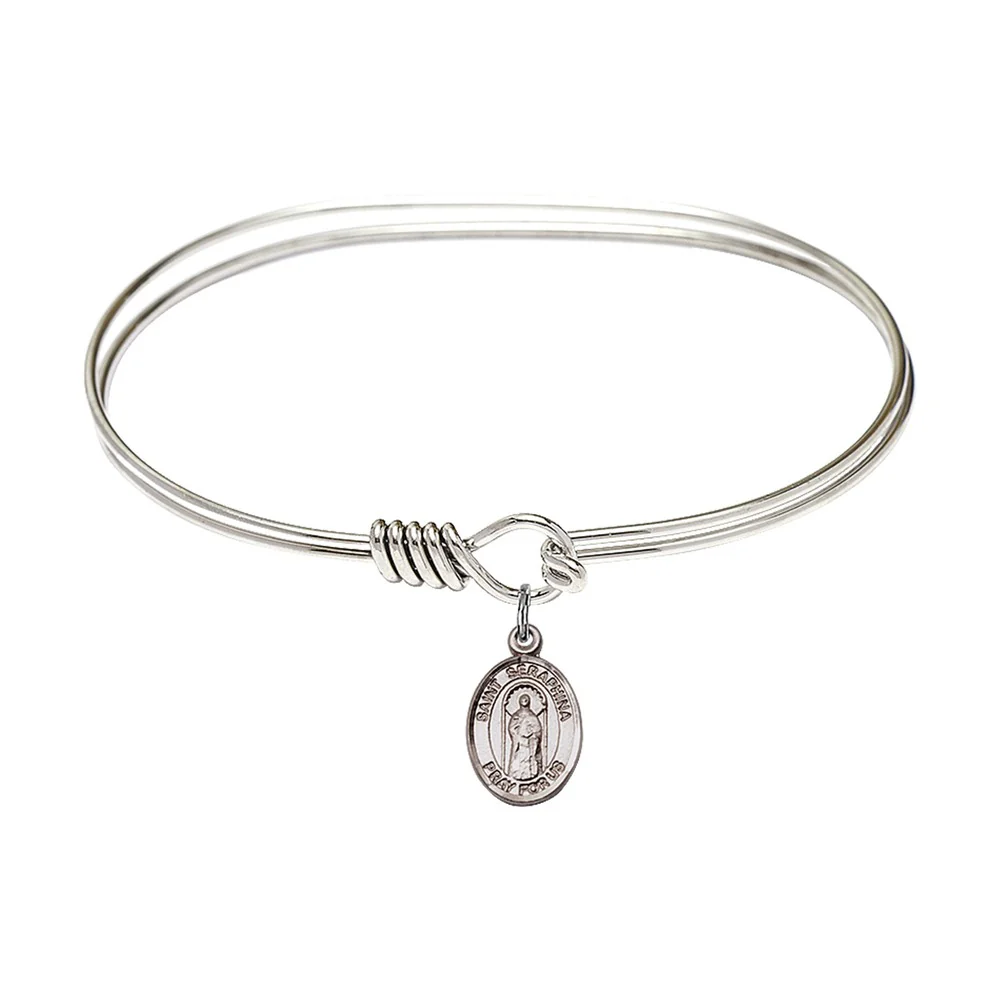 Adult 7" Oval Rhodium Plated Bangle Bracelet with St. Seraphina Medal Charm