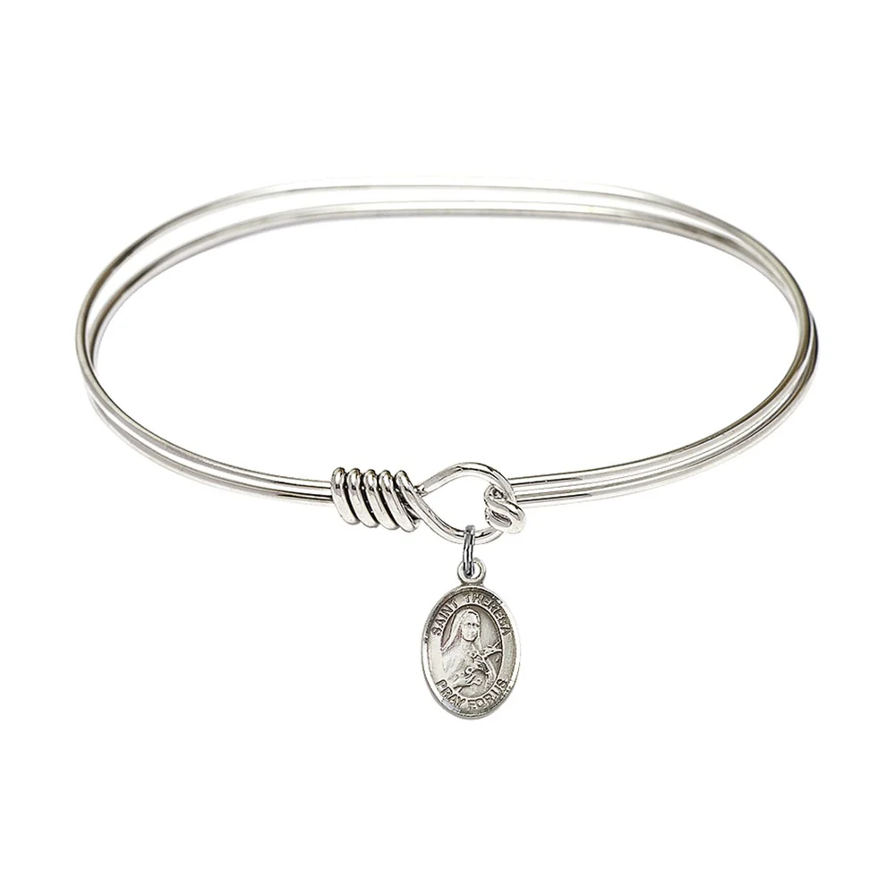 Adult 7" Oval Rhodium Plated Bangle Bracelet with St. Theresa Medal Charm - Image 2