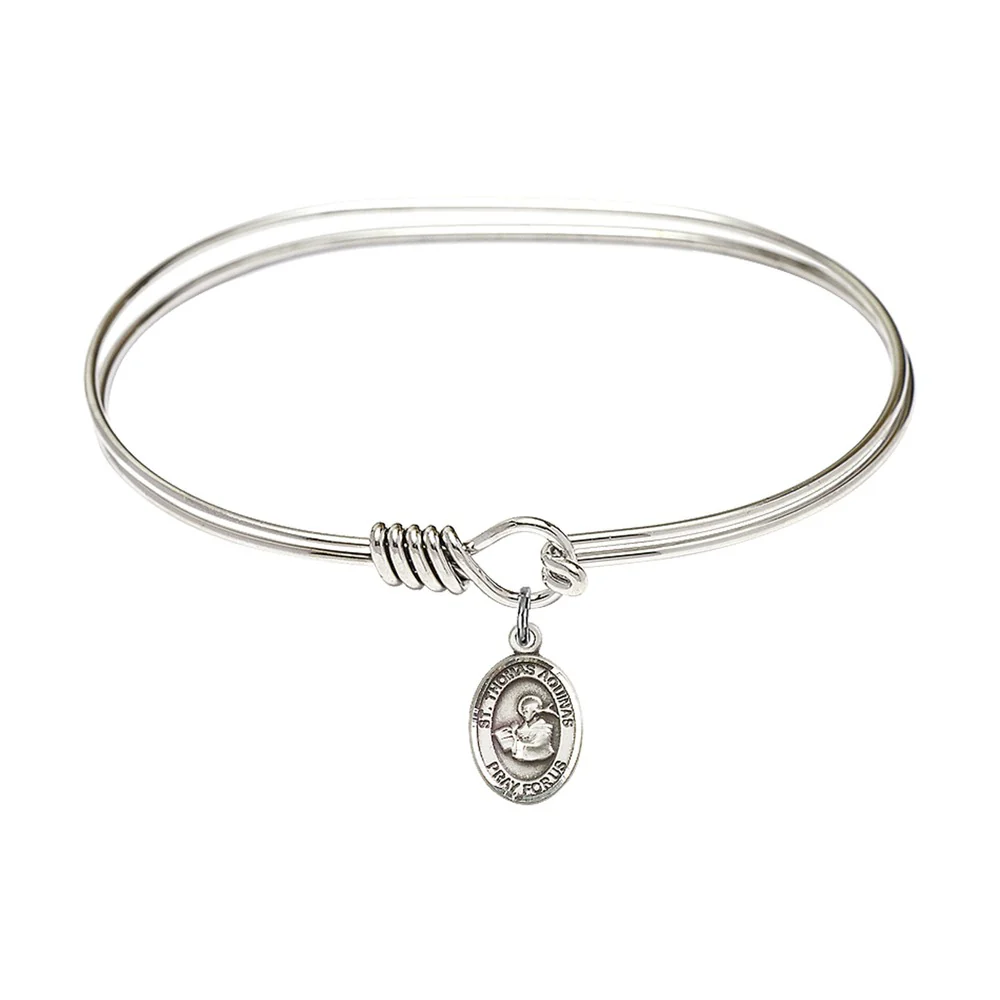 Adult 7" Oval Rhodium Plated Bangle Bracelet with St. Thomas Aquinas Medal Charm