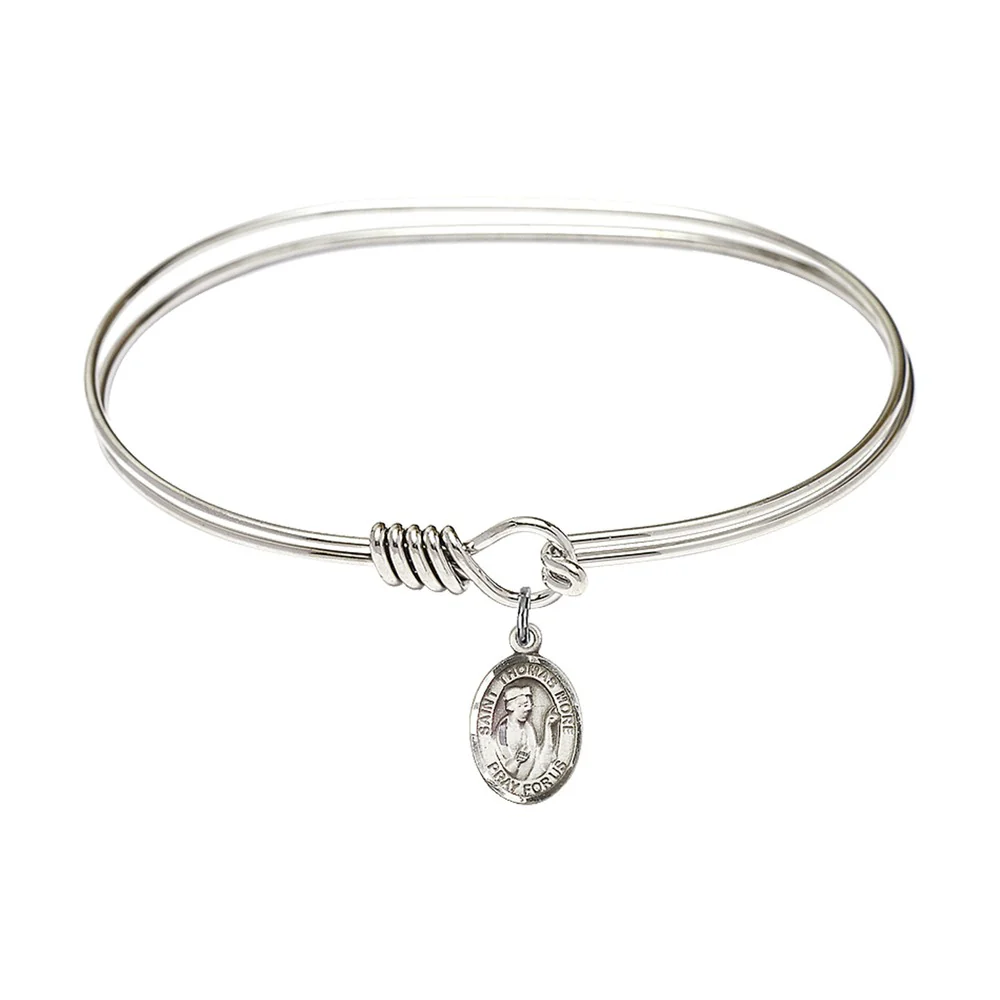 Adult 7" Oval Rhodium Plated Bangle Bracelet with St. Thomas More Medal Charm