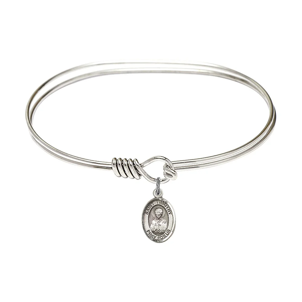 Adult 7" Oval Rhodium Plated Bangle Bracelet with St. Timothy Medal Charm