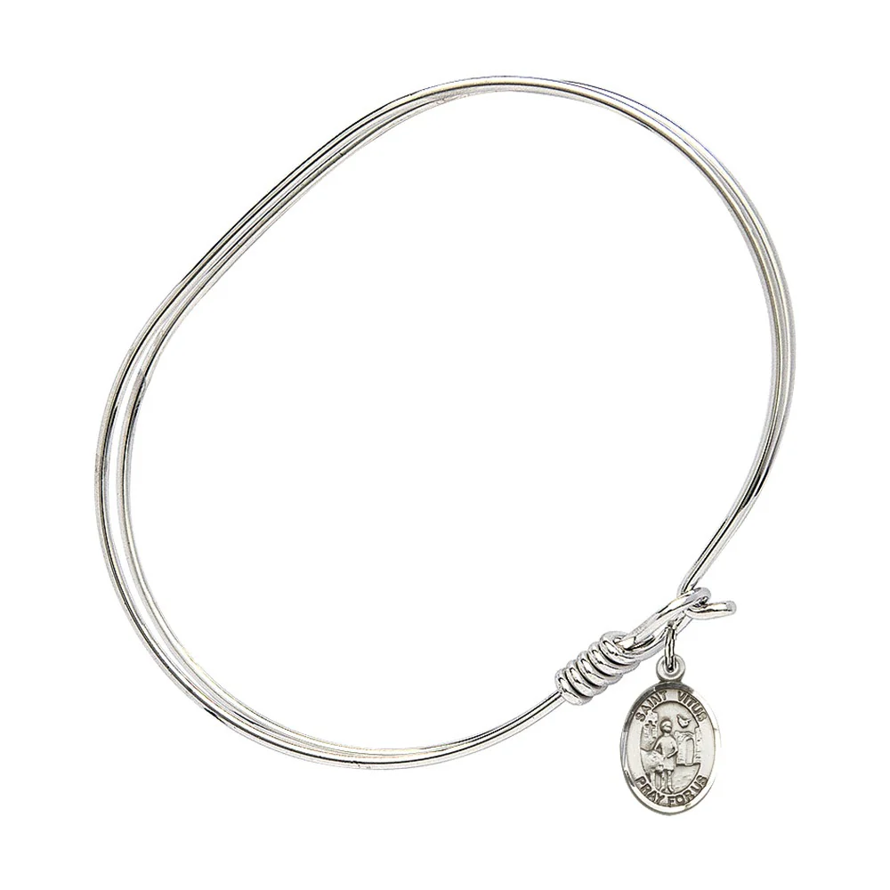 Adult 7" Oval Rhodium Plated Bangle Bracelet with St. Vitus Medal Charm - Image 2