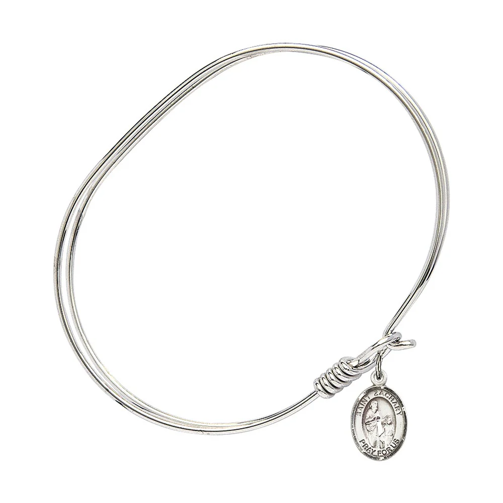Adult 7" Oval Rhodium Plated Bangle Bracelet with St. Zachary Medal Charm