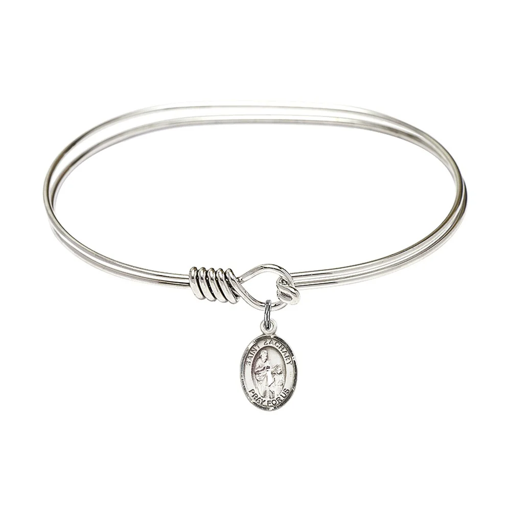 Adult 7" Oval Rhodium Plated Bangle Bracelet with St. Zachary Medal Charm - Image 2