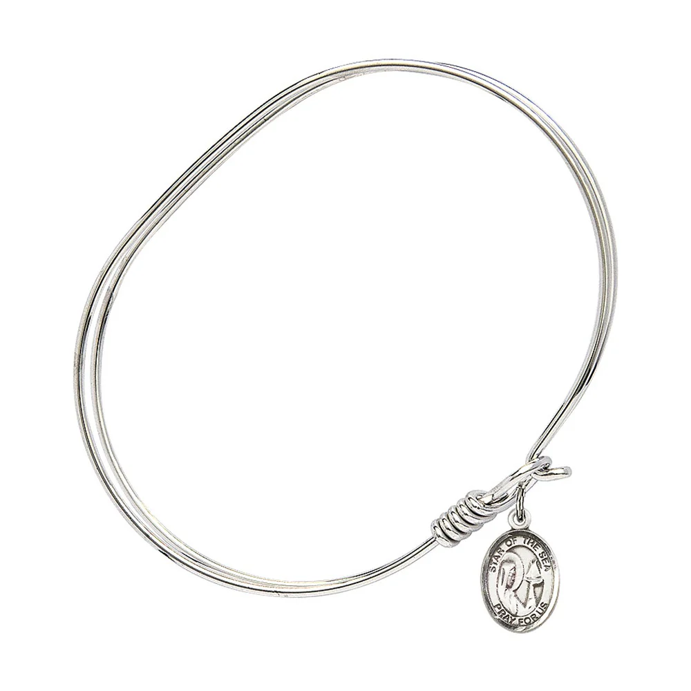 Adult 7" Oval Rhodium Plated Bangle with Our Lady Star of the Sea Medal - Image 2