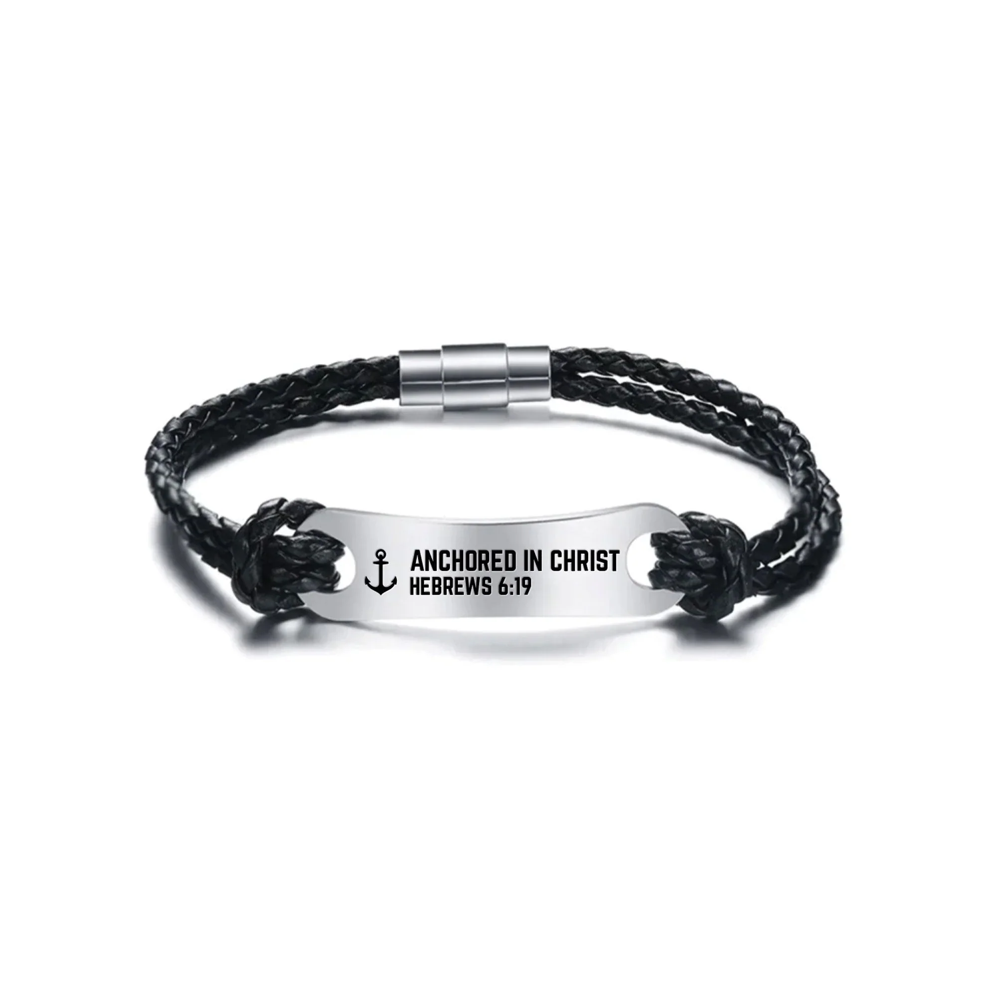 Anchored in Christ Black Leather Bracelet