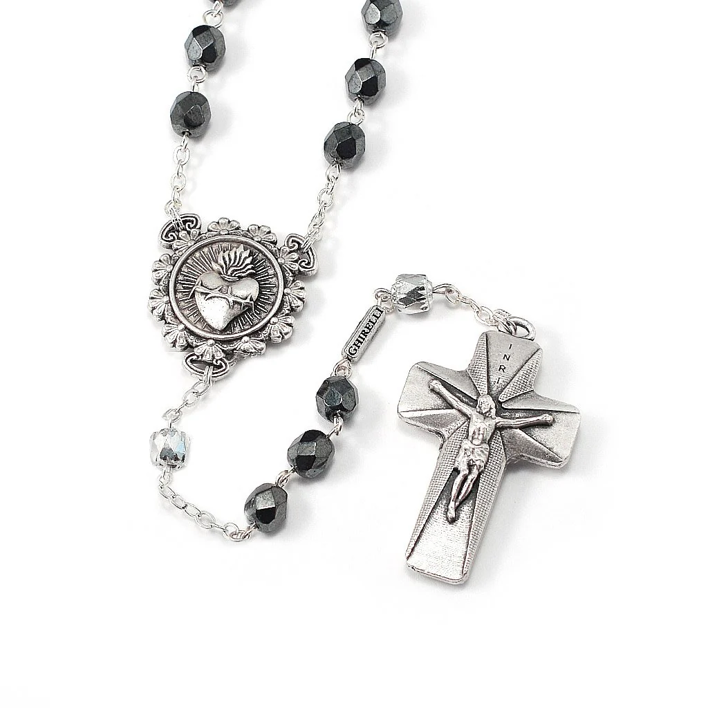 Antique Silver & Hematite Sacred Heart Rosary - Image 5