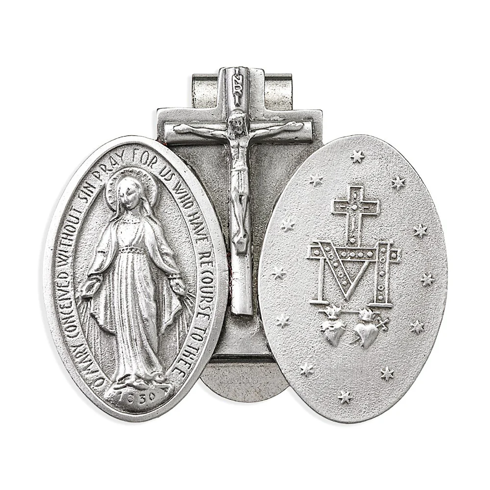 Antique Silver Miraculous Medal & Crucifix Visor Clip