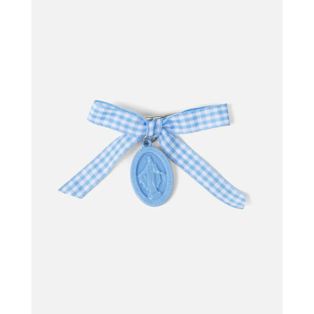 Be A Heart Miraculous Medal Blue Gingham Children's Bow - Image 2