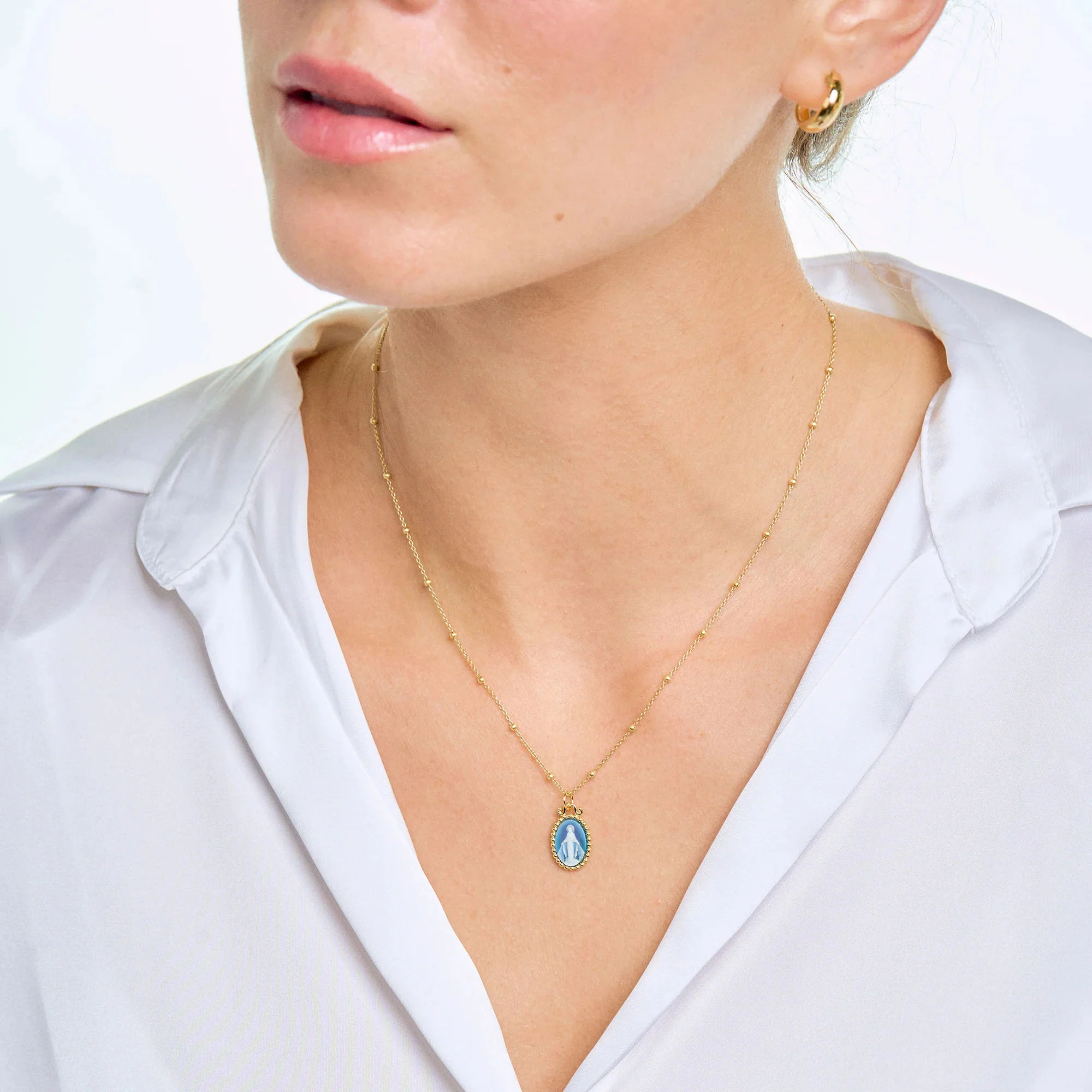 Beaded Miraculous Mary Stone Cameo Necklace - Image 4