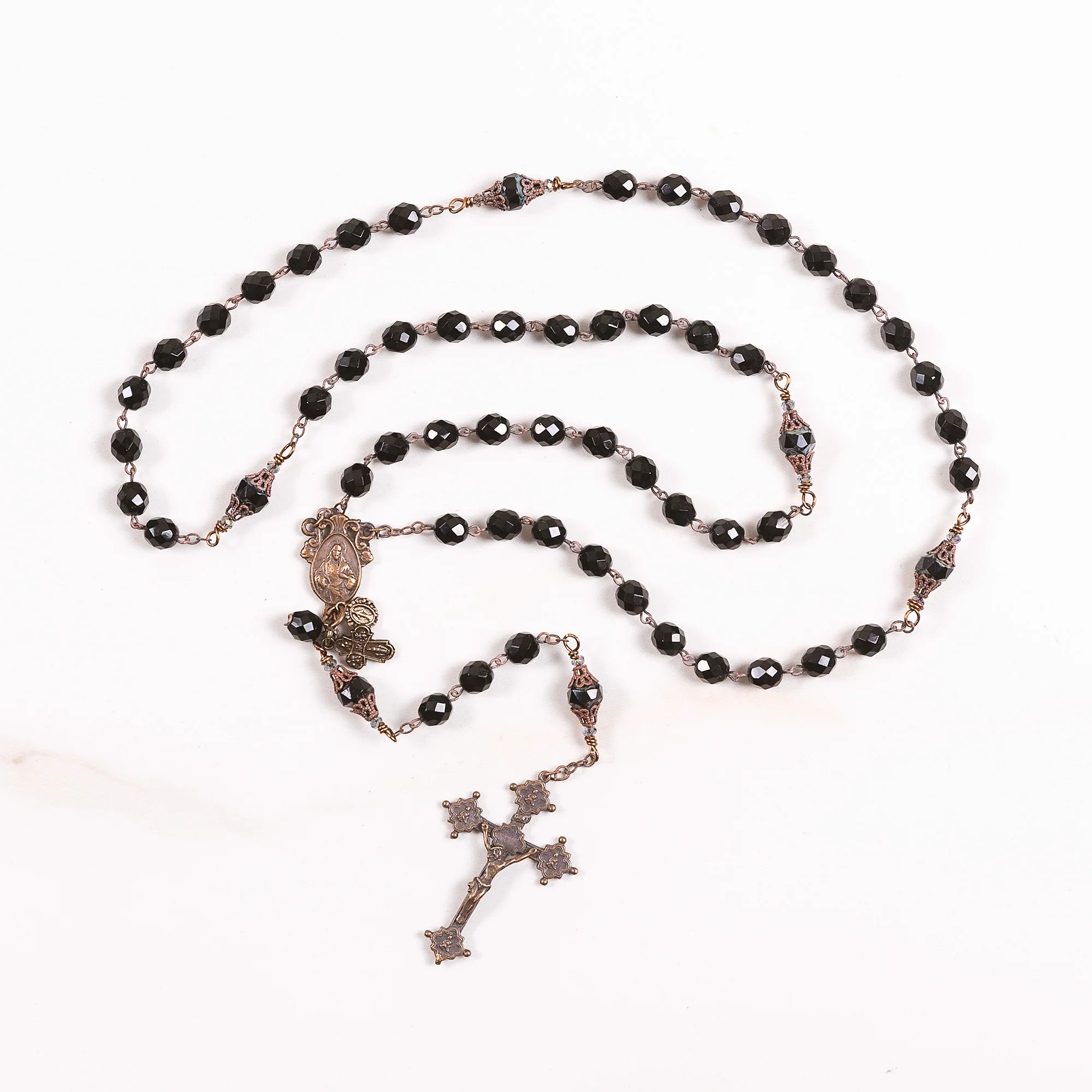 Black Glass & Bronze Sacred Heart Rosary - Image 2