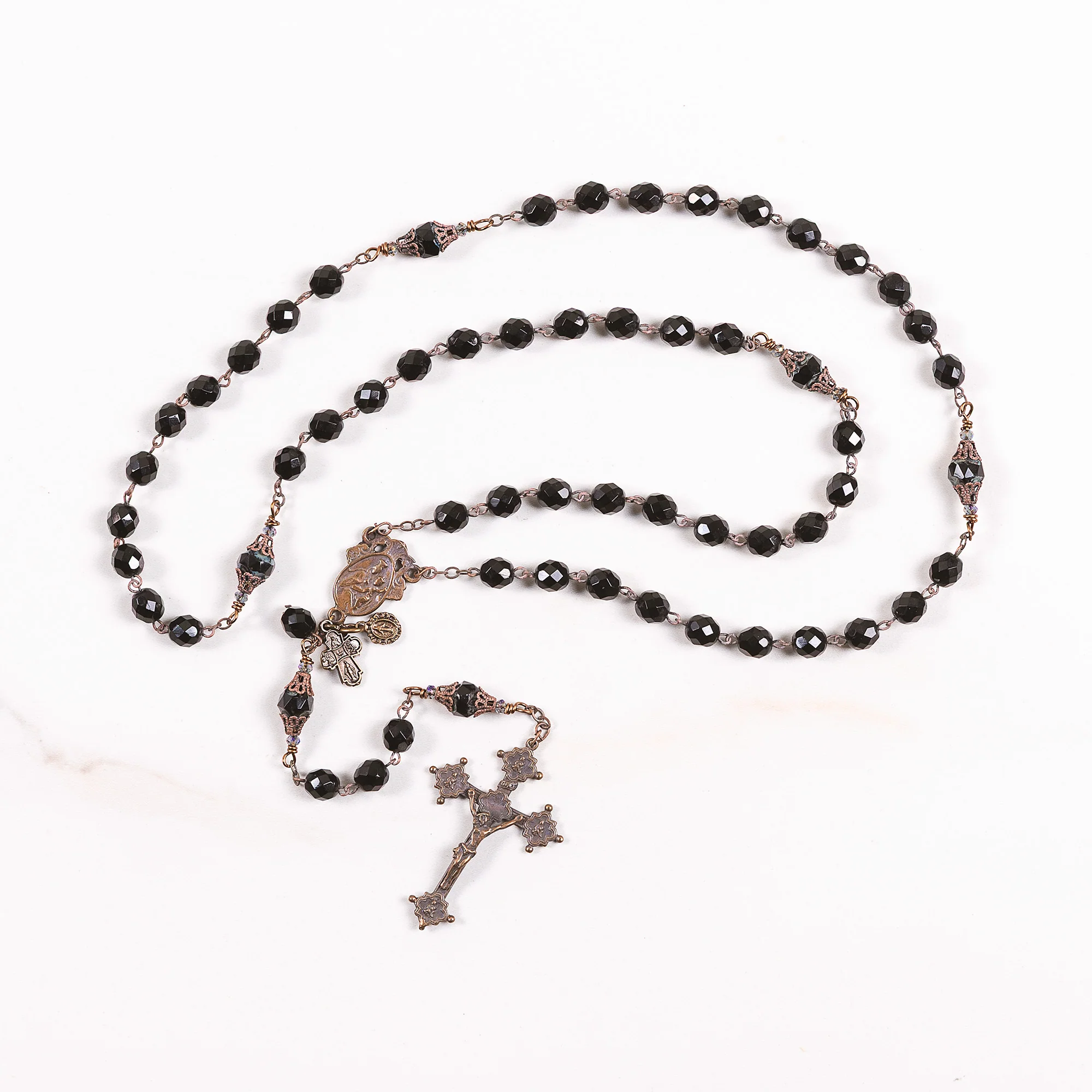 Black Glass & Bronze Sacred Heart Rosary - Image 3