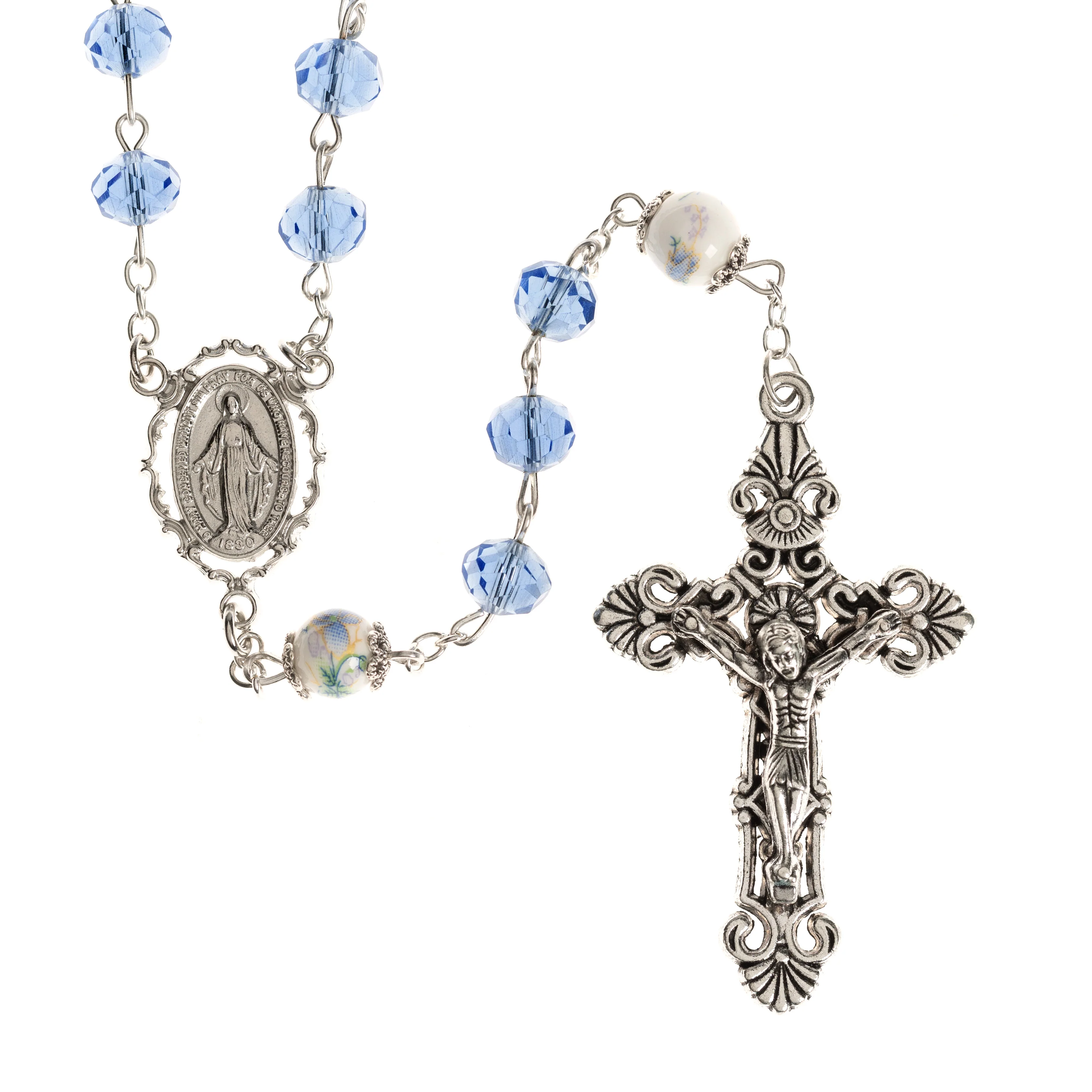 Blue Floral Miraculous Medal Rosary - Image 4