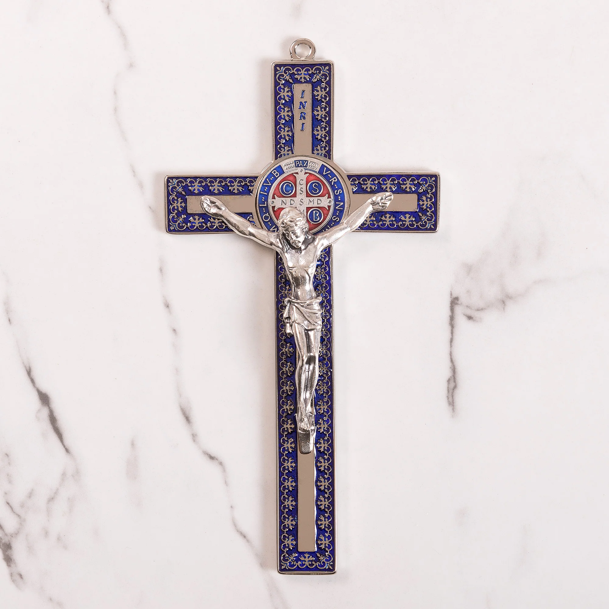 Blue & Silver St. Benedict Hanging Crucifix - 7.3"