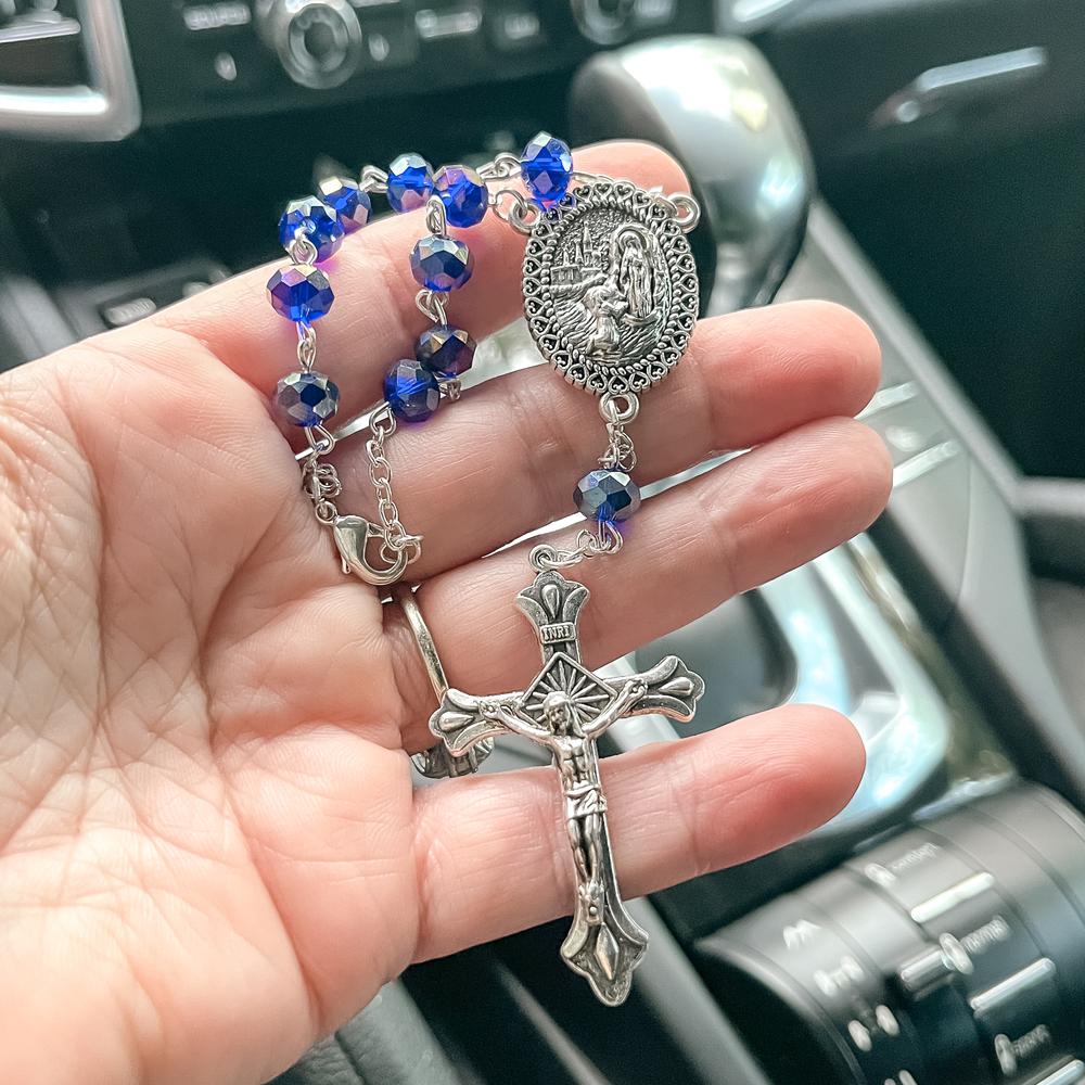 Blue Sun-Cut Crystal Lourdes Water Auto Rosary - Image 3