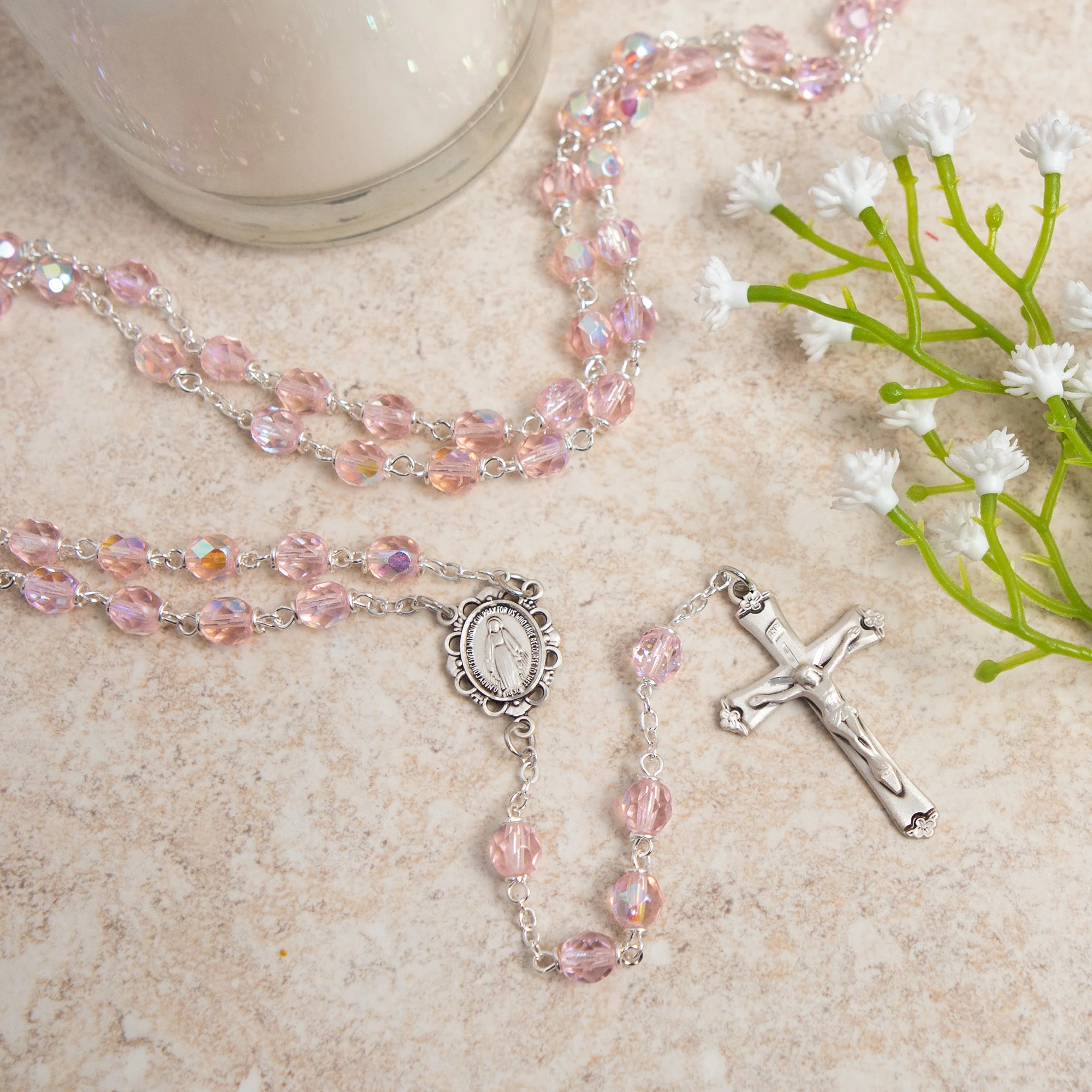 Bohemian Glass Birthstone Rosary – Rose / October