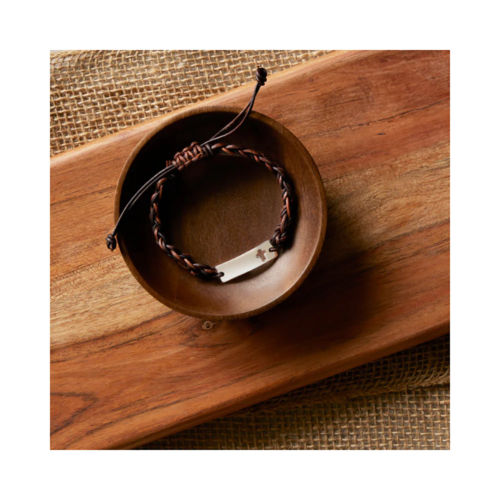 Braided Leather Cutout Cross Confirmation Bracelet