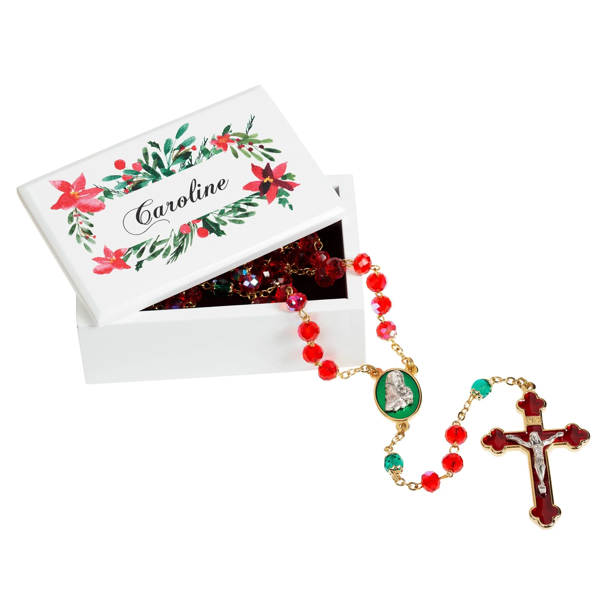 Christmas Poinsettia Rosary & Personalized Box - Gift Set