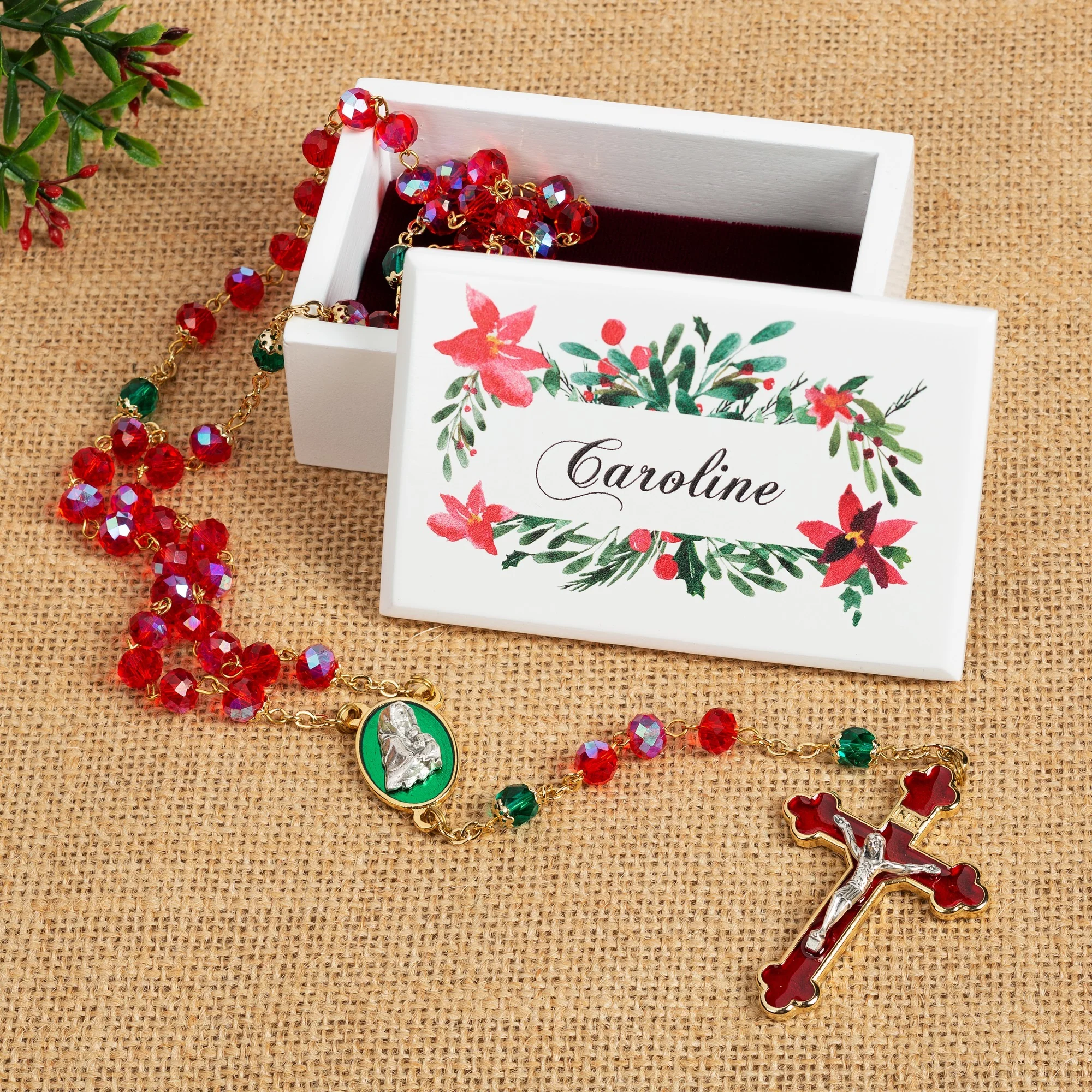 Christmas Poinsettia Rosary & Personalized Box - Gift Set - Image 3