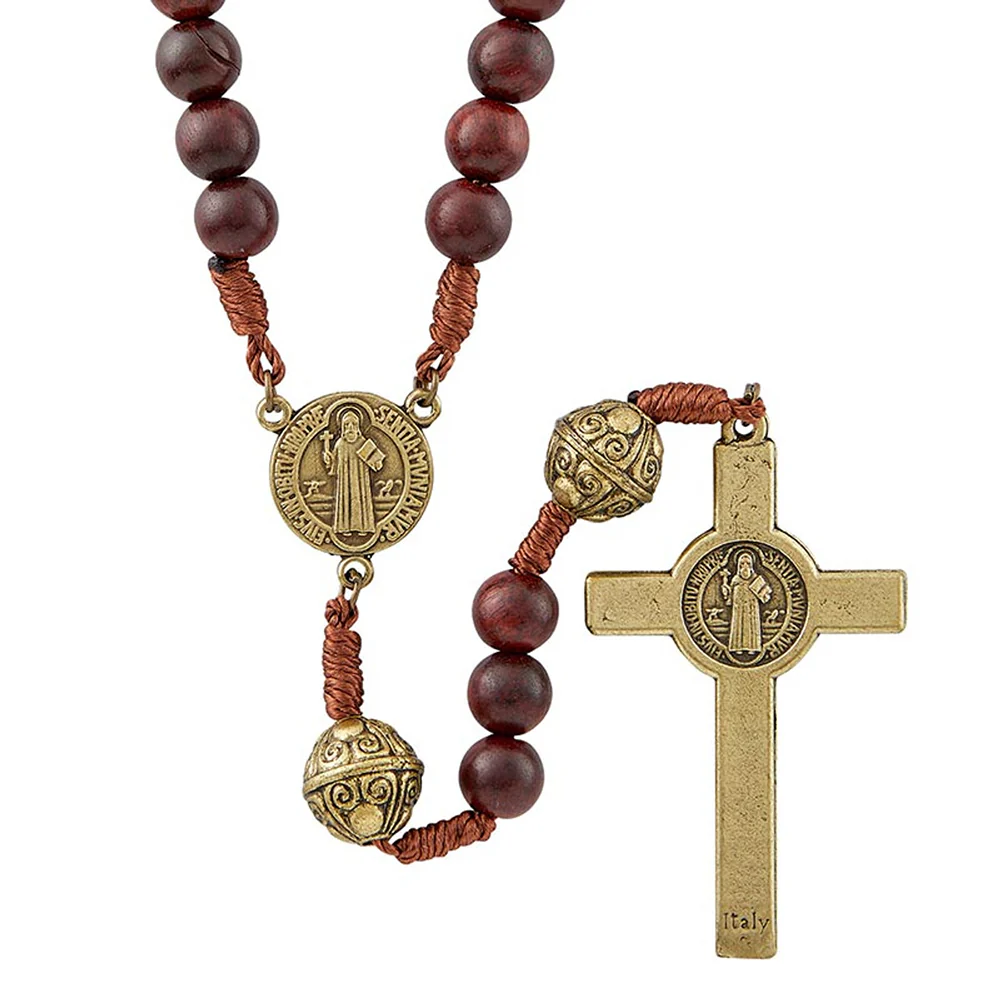 Corded Maple Wood & Antique Gold St. Benedict Rosary - Image 2