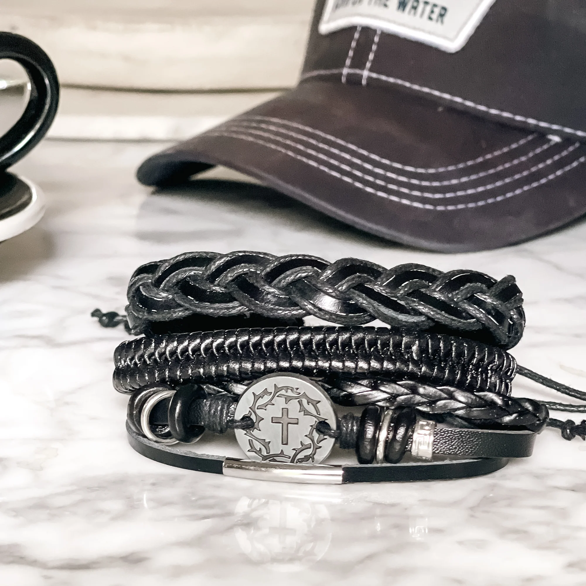 Crown & Cross Men's Bracelet Set - 3 Pieces - Image 2