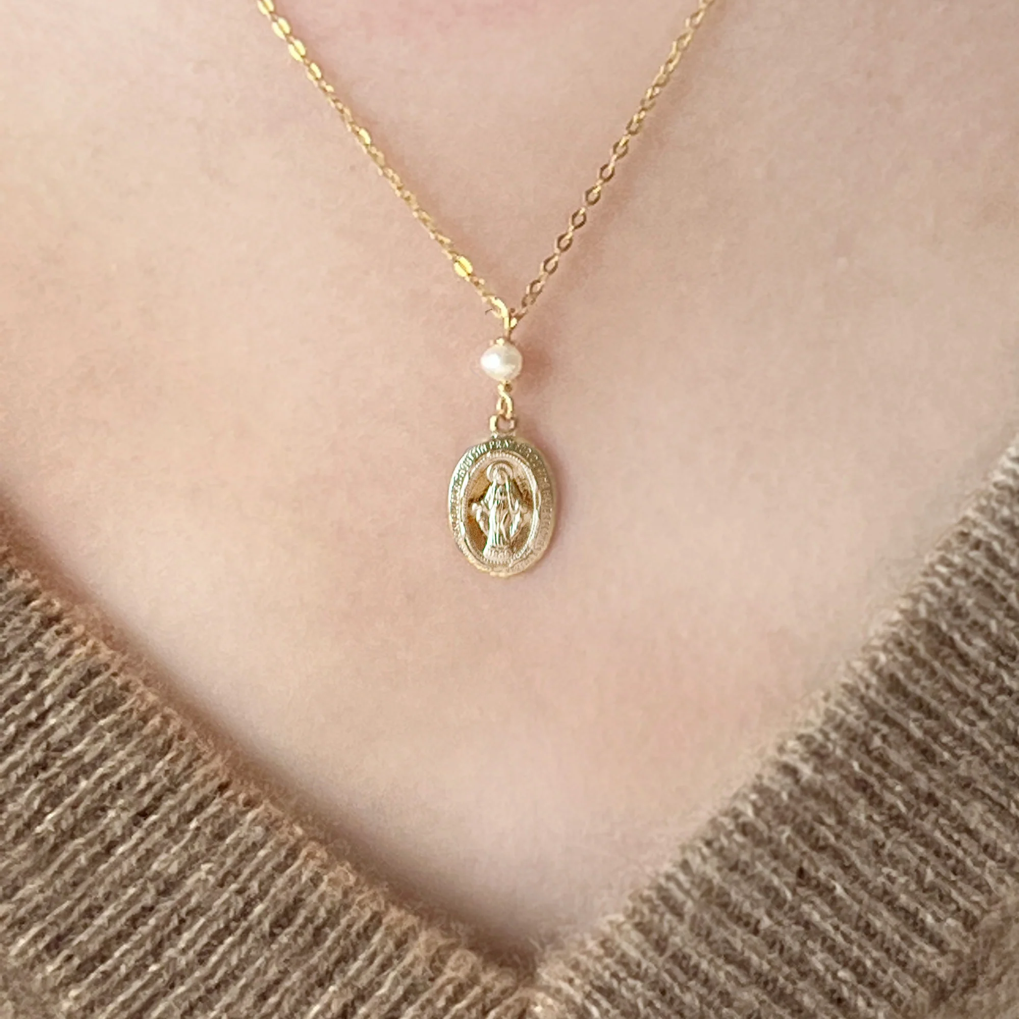 Delicate Miraculous Medal & Freshwater Pearl Necklace