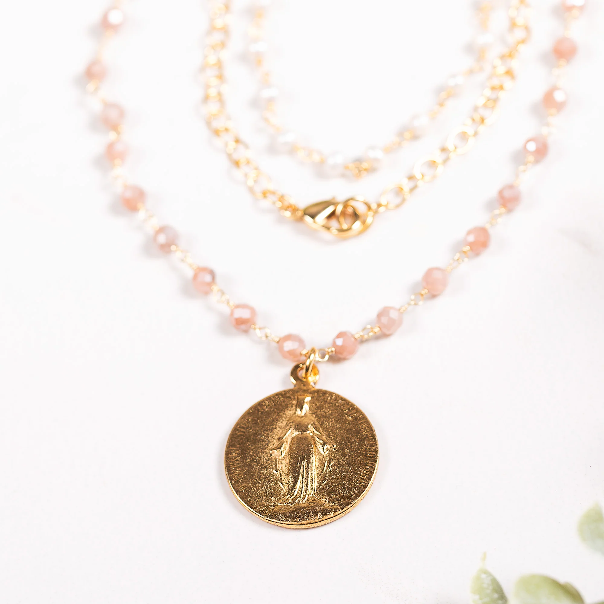 Double Strand Beaded Miraculous Medal Necklace - Image 3