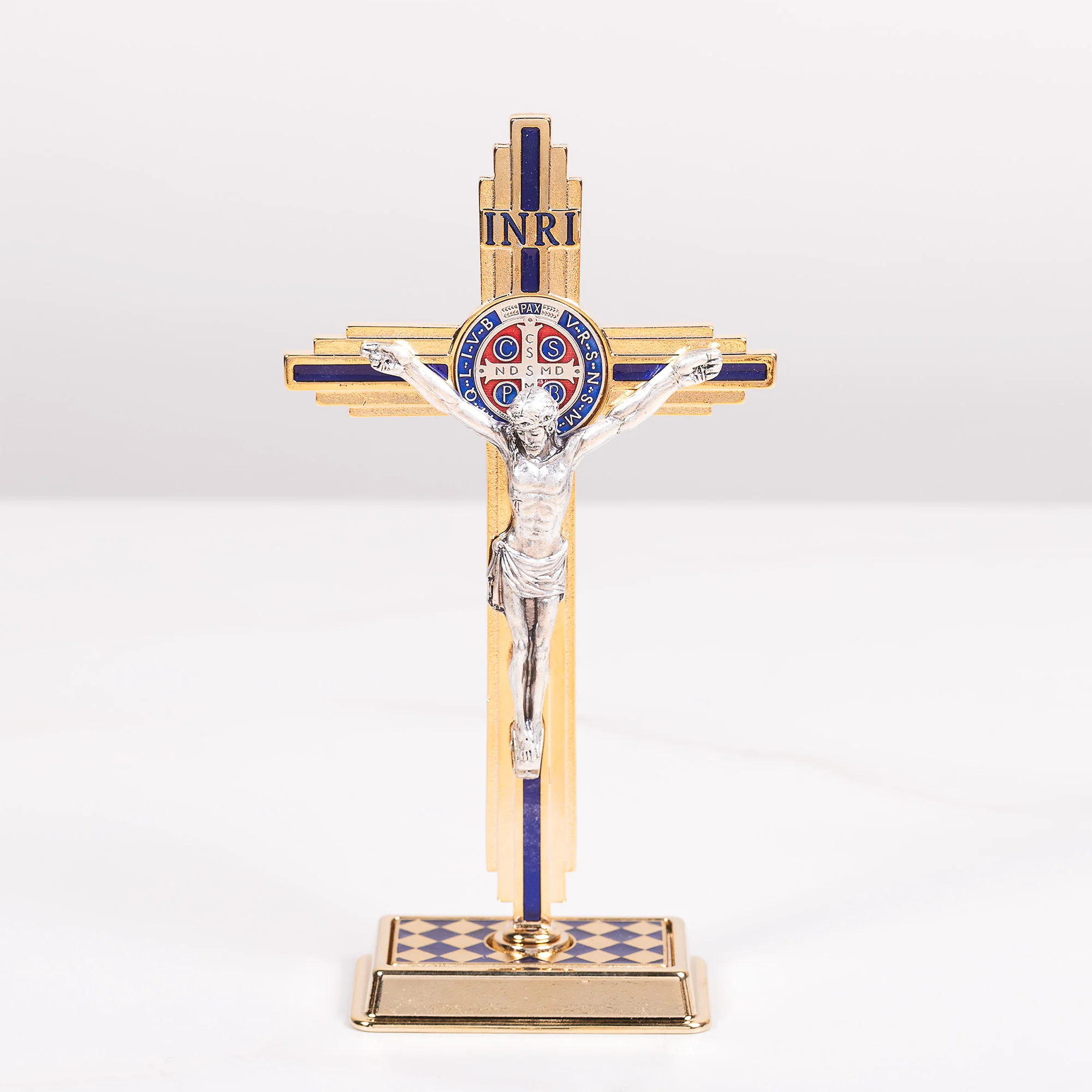 Enameled St. Benedict Standing Crucifix - White or Blue - Image 2
