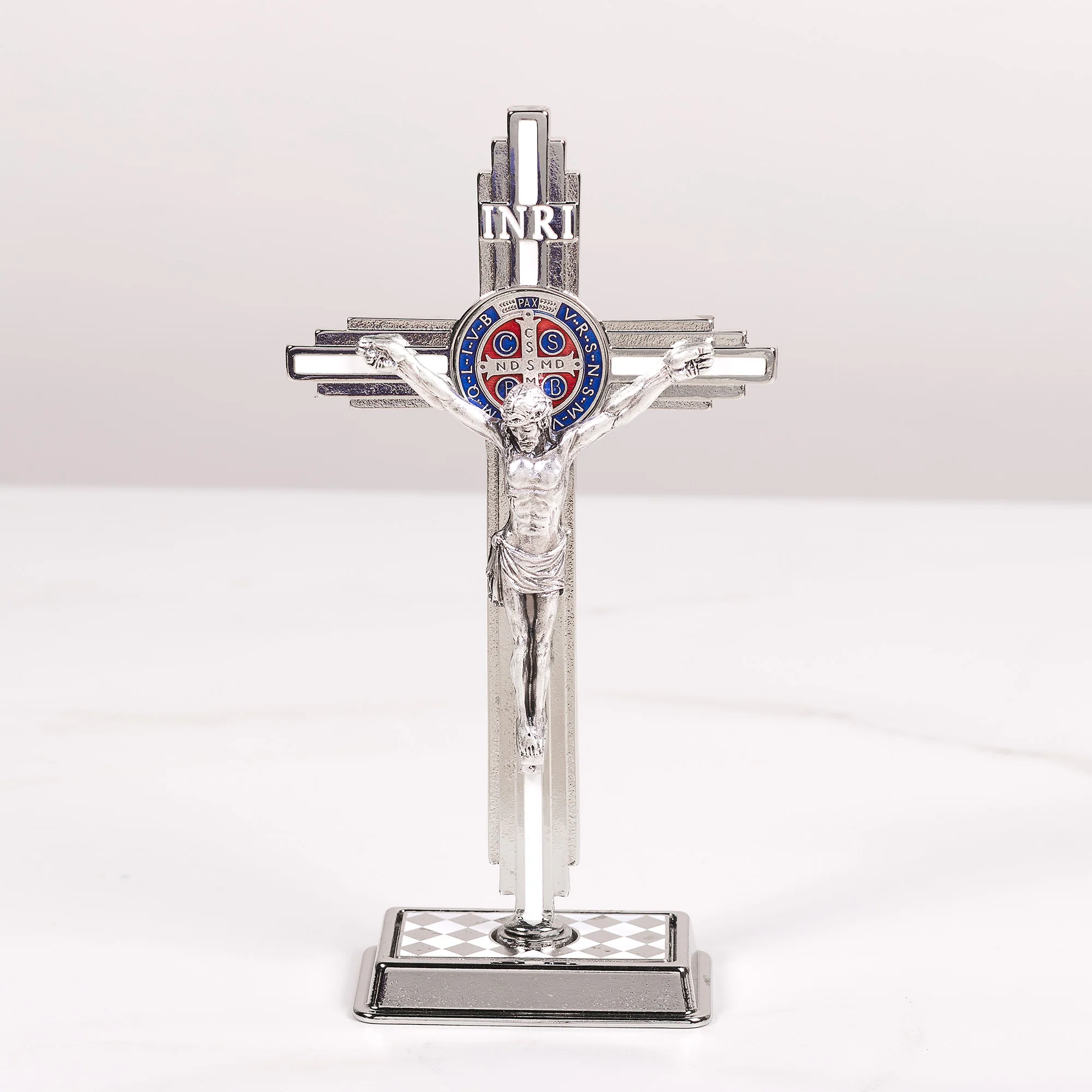 Enameled St. Benedict Standing Crucifix - White or Blue - Image 6