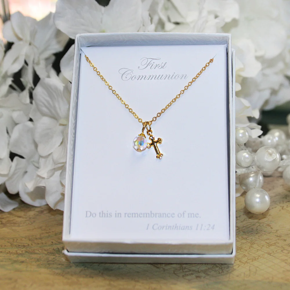 First Communion Cross Pendant with Crystal Drop Necklace - Silver or Gold