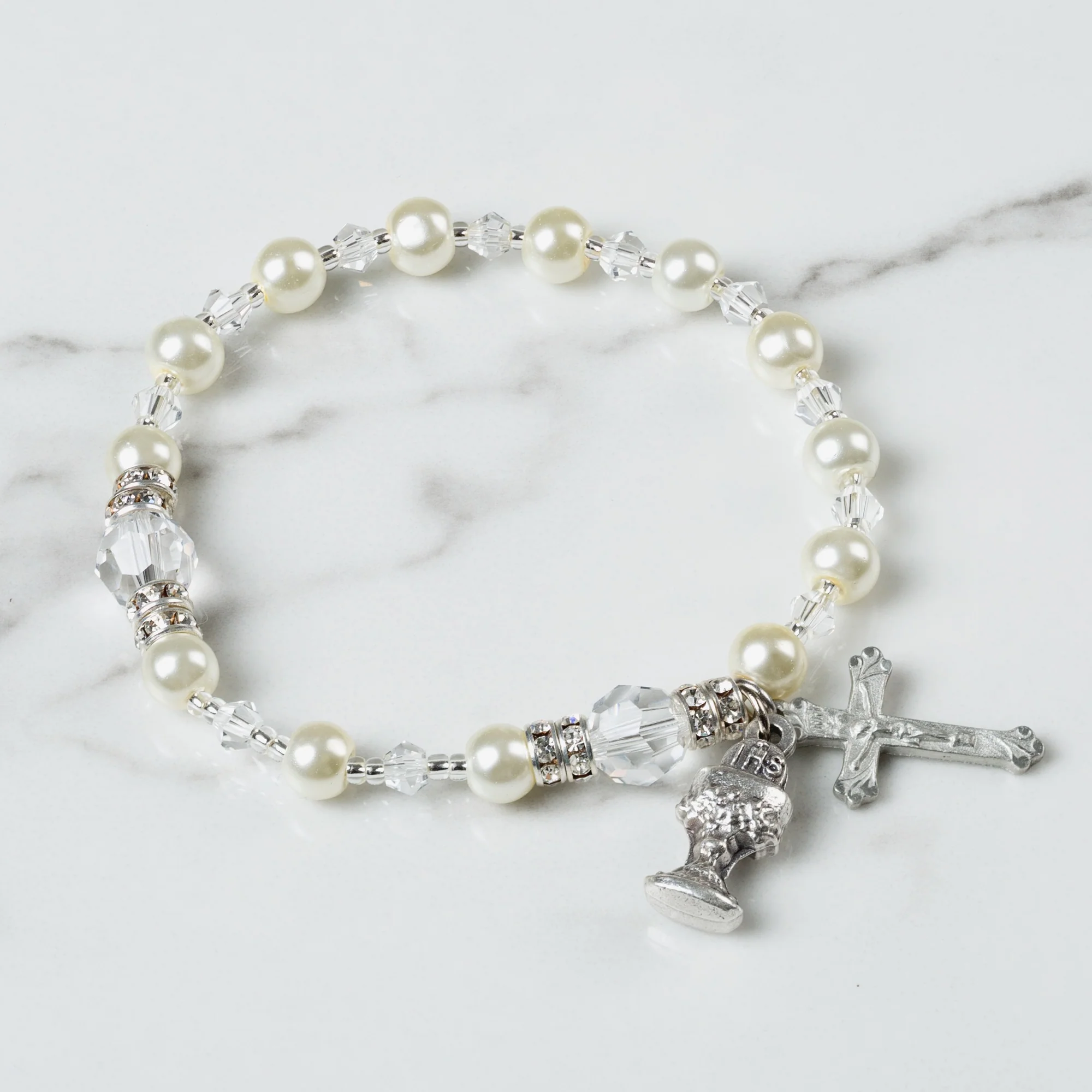 First Communion Glass Pearl Rosary Bracelet