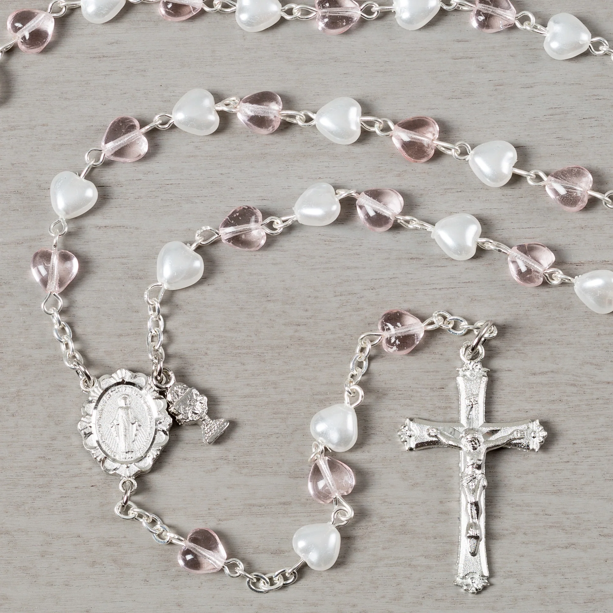 First Communion Pearl and Pink Hearts Rosary - Image 2