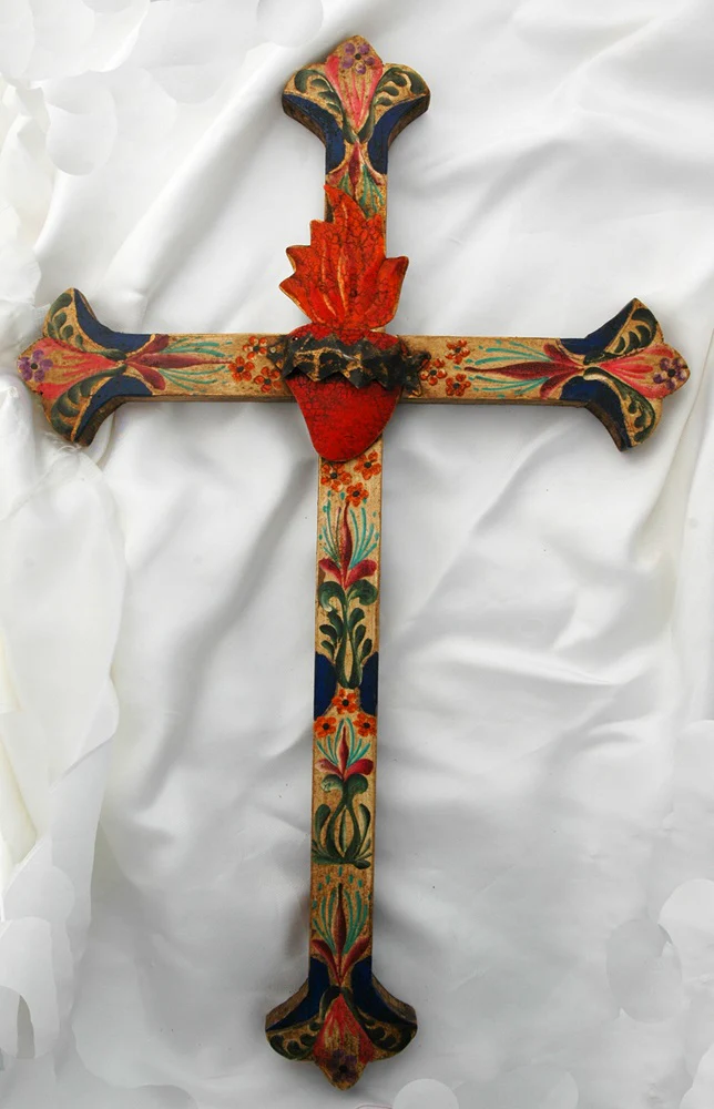 Floral Sacred Heart Mexican Wall Cross - 20"
