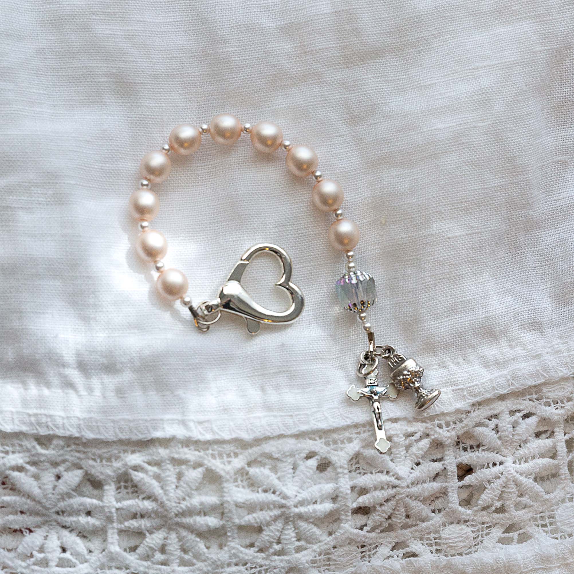 Girl's First Communion Pearl & Blue Rosary Bracelet