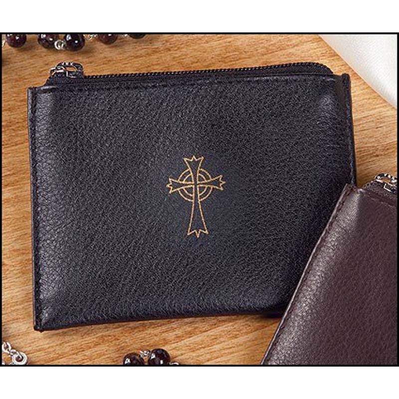 Gold Cross Leather Rosary Case  - Black or Brown